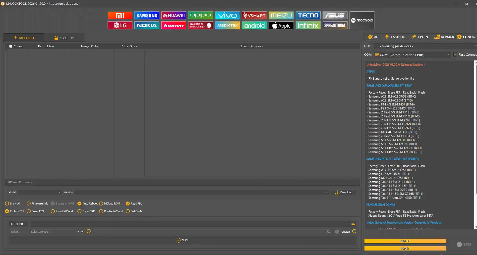 Giao diện chính UnlockTool 2026 - Xiaomi MI Flash